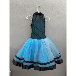 Curtain Call Costume CXL Blue Black Polka Dot Dance Outfit One Piece LeotardTUTU